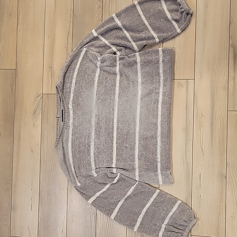 American Eagle Gray White Stripe Chenille Cropped Balloon Sleeve Sweater - Sz S